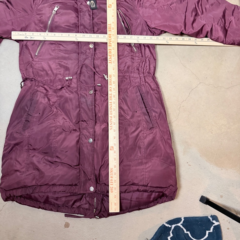 Bebe Women Parka Jacket Fur‎ Hood Lined Pockets Drawstring Burgundy Size L - Picture 5 of 5